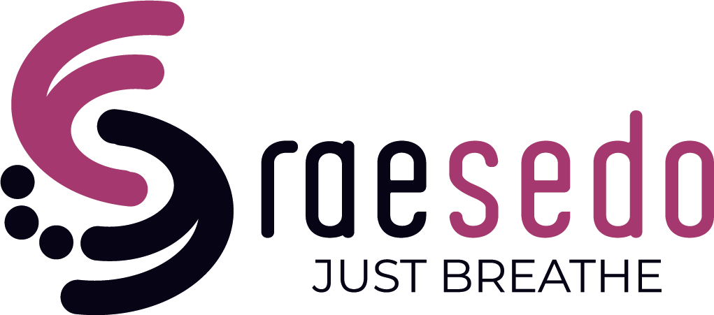RaeSedo logo with the tagline 'Just Breathe' featuring a stylized abstract design.